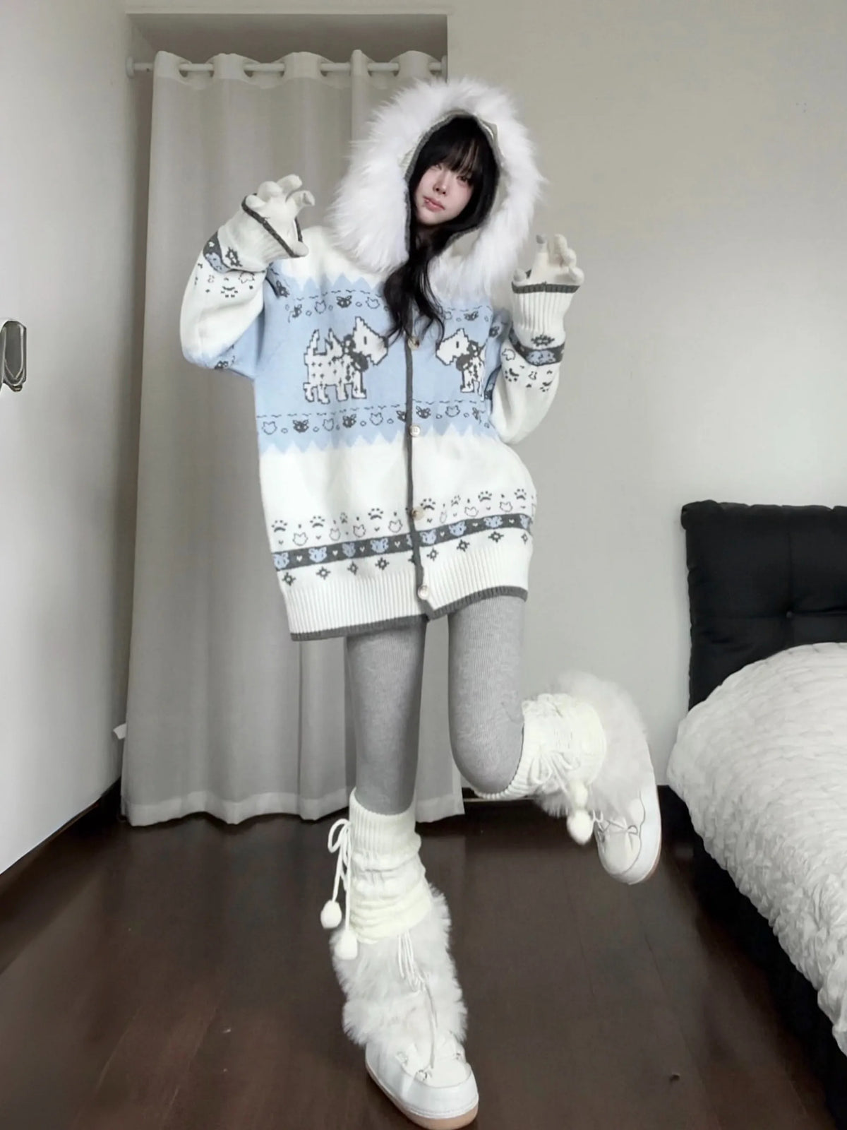 Puppy Fur Trim Hooded Knit Cardigan OL2446