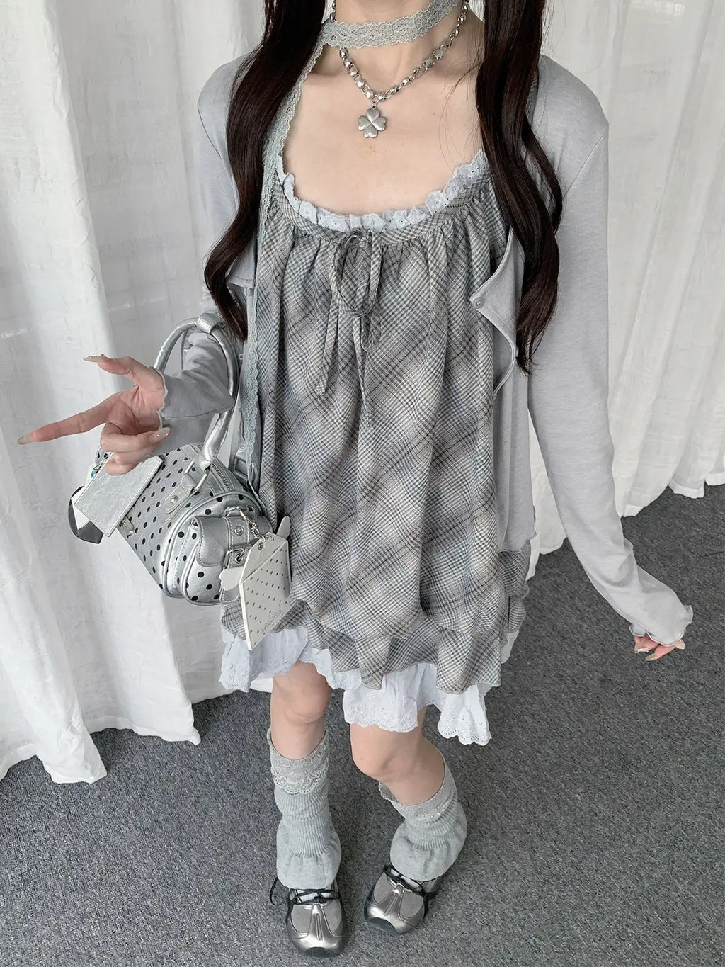 Gingham Lace Frill Cami Dress Y2K OL2325