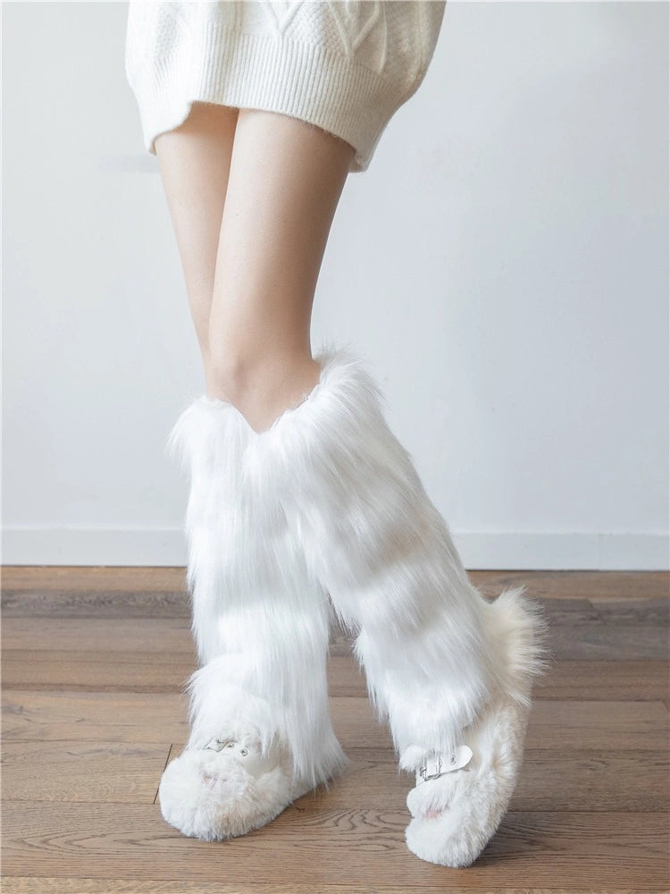 White Faux Fur Leg Warmers oliviroa オリヴィオラ