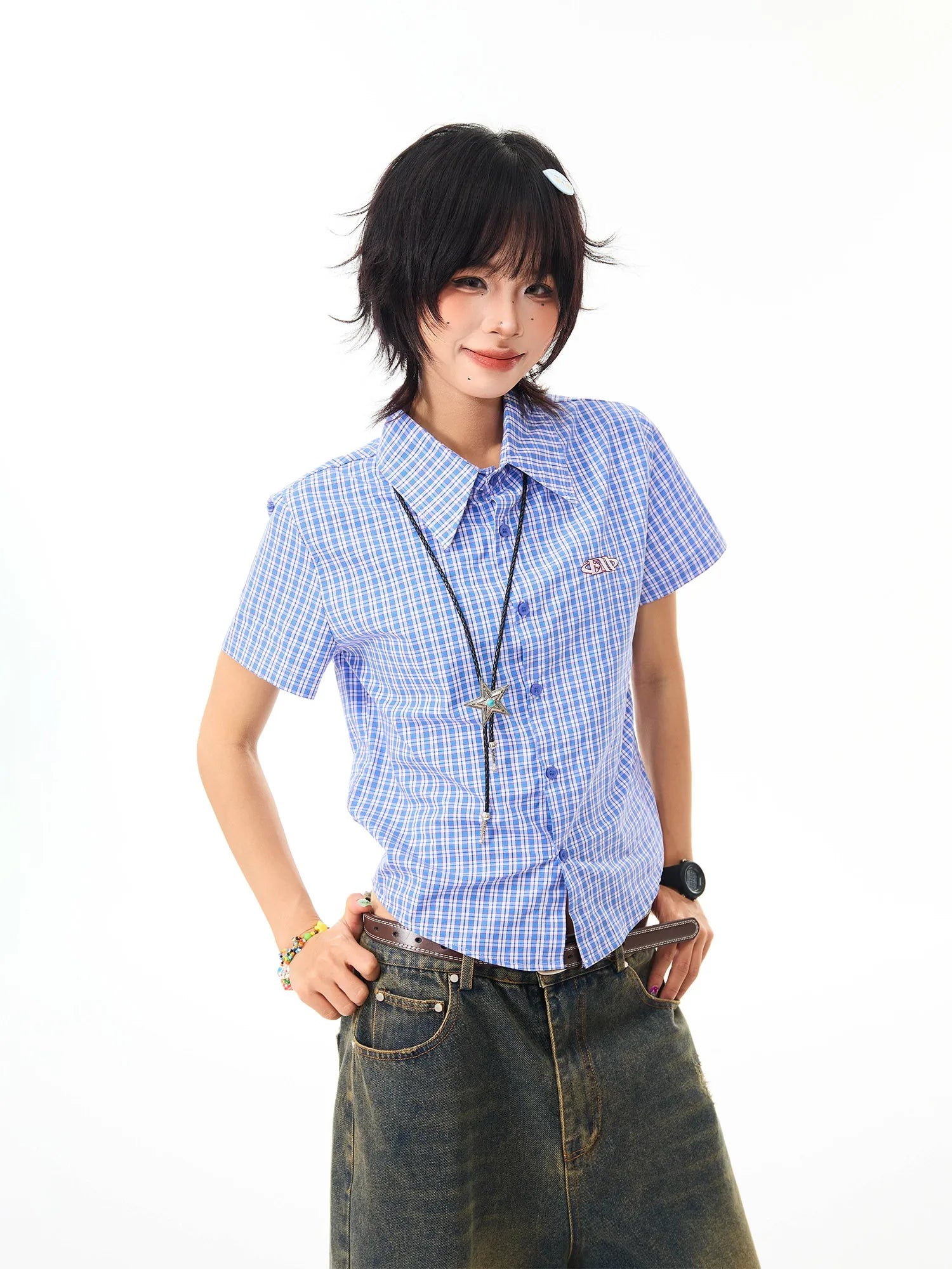 Vintage Embroidered Plaid Relaxed Fit Shirt oliviroa オリヴィオラ
