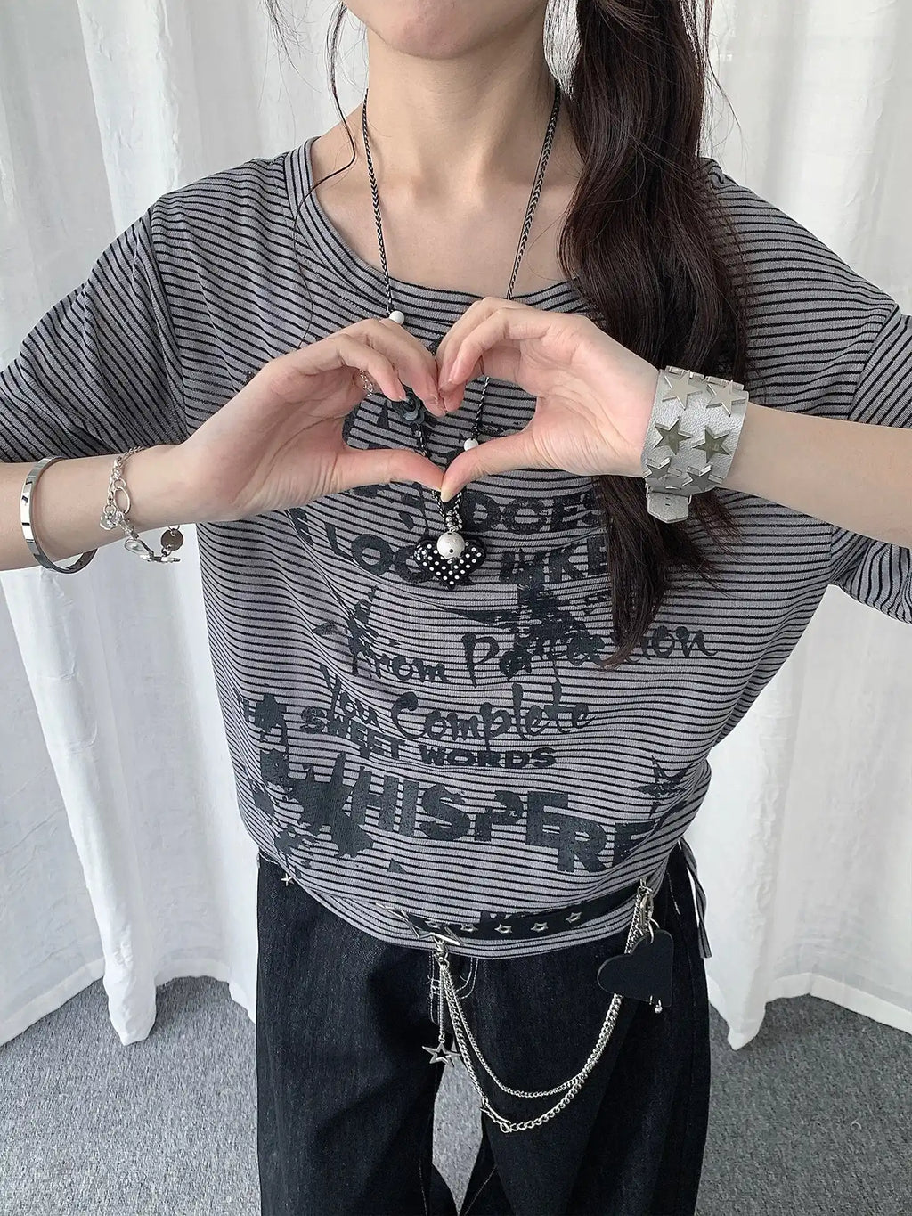 Vintage Stripe Drawstring Shoulder T-Shirt OL2286