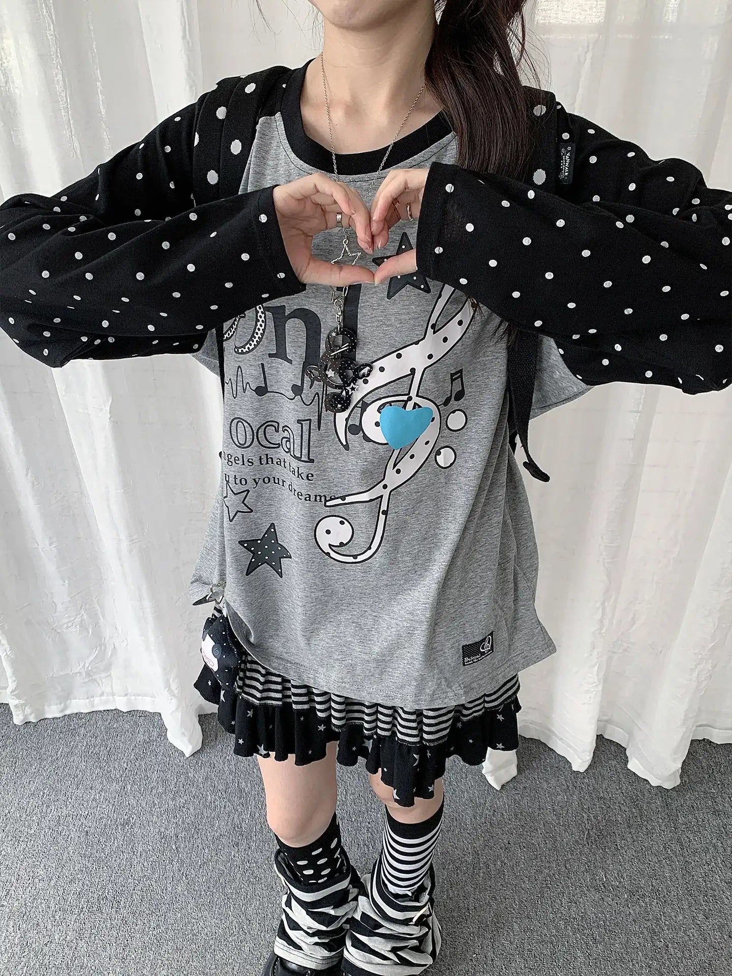 Polka Dot Music Note Layered Long Sleeve Tee oliviroa オリヴィオラ