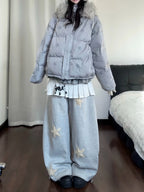 Star Print Convertible Fur Collar Puffer Jacket oliviroa オリヴィオラ