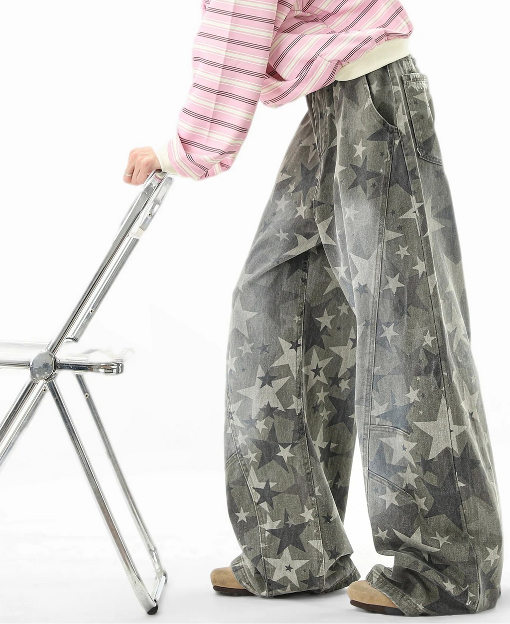 Retro Star Print Wide Cargo Denim Pants oliviroa オリヴィオラ