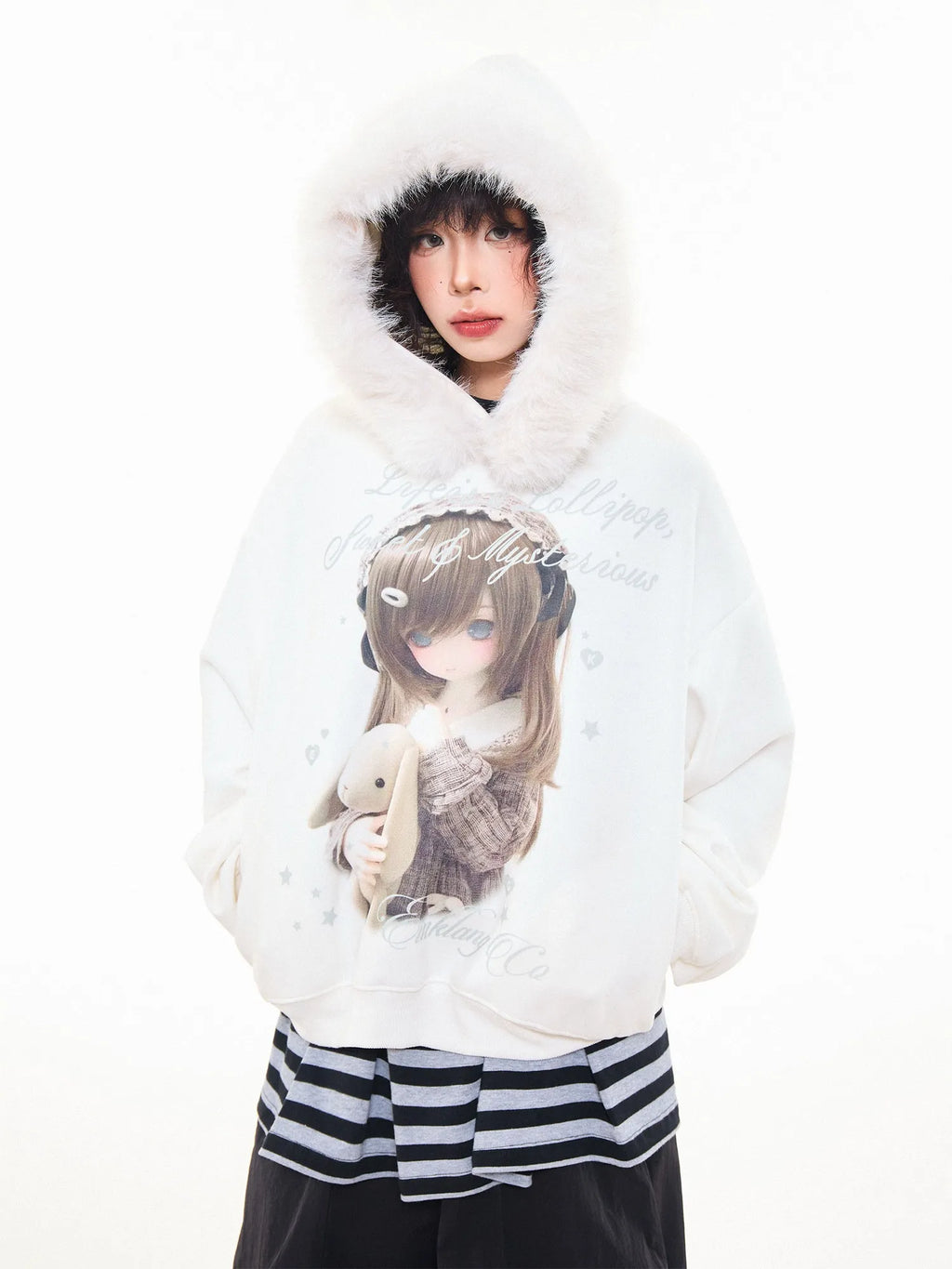 Doll Graphic Fur Trim Hoodie oliviroa オリヴィオラ