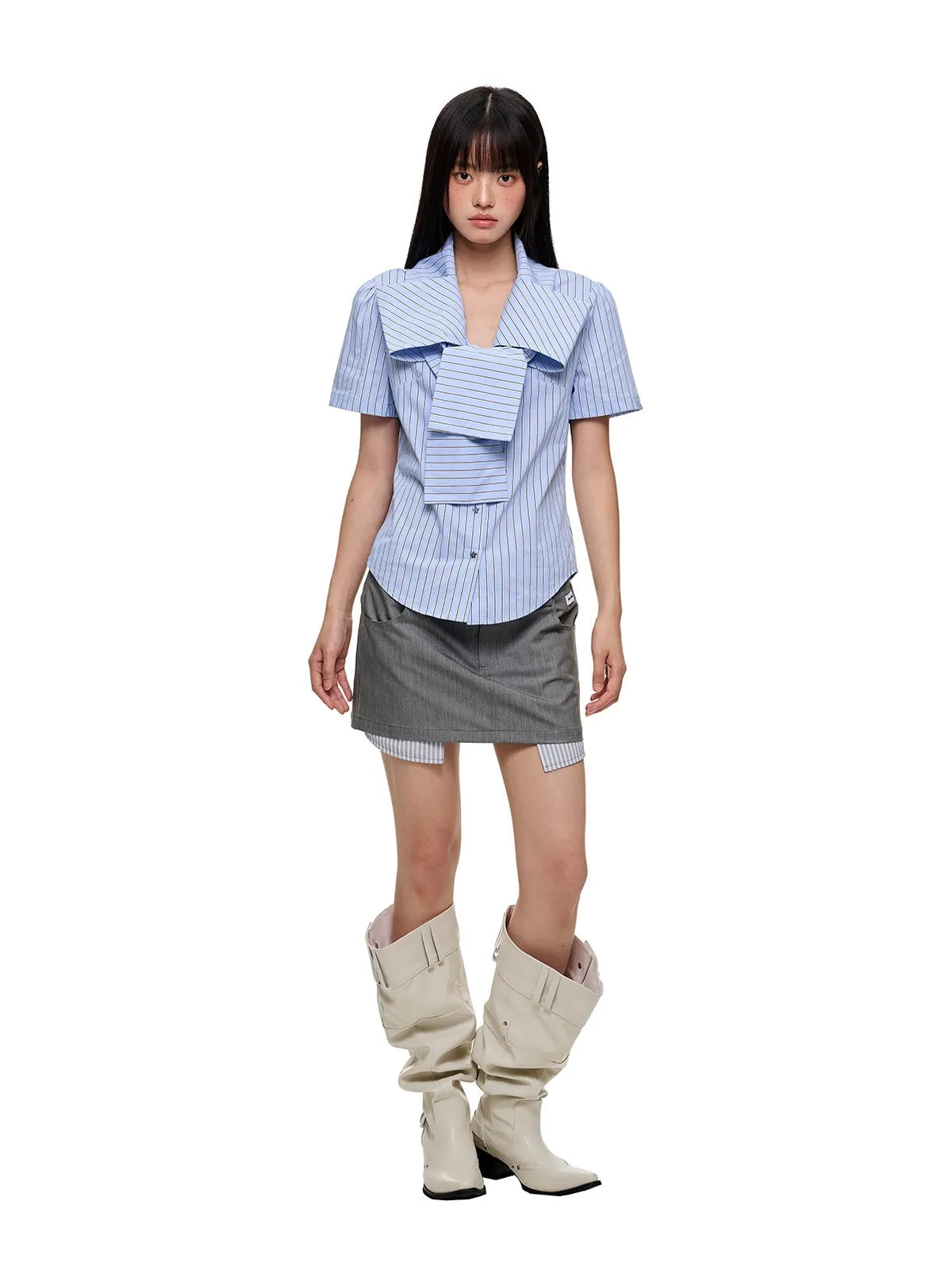 Ribbon Detail Rhinestone Stripe Fitted Shirt OL2267