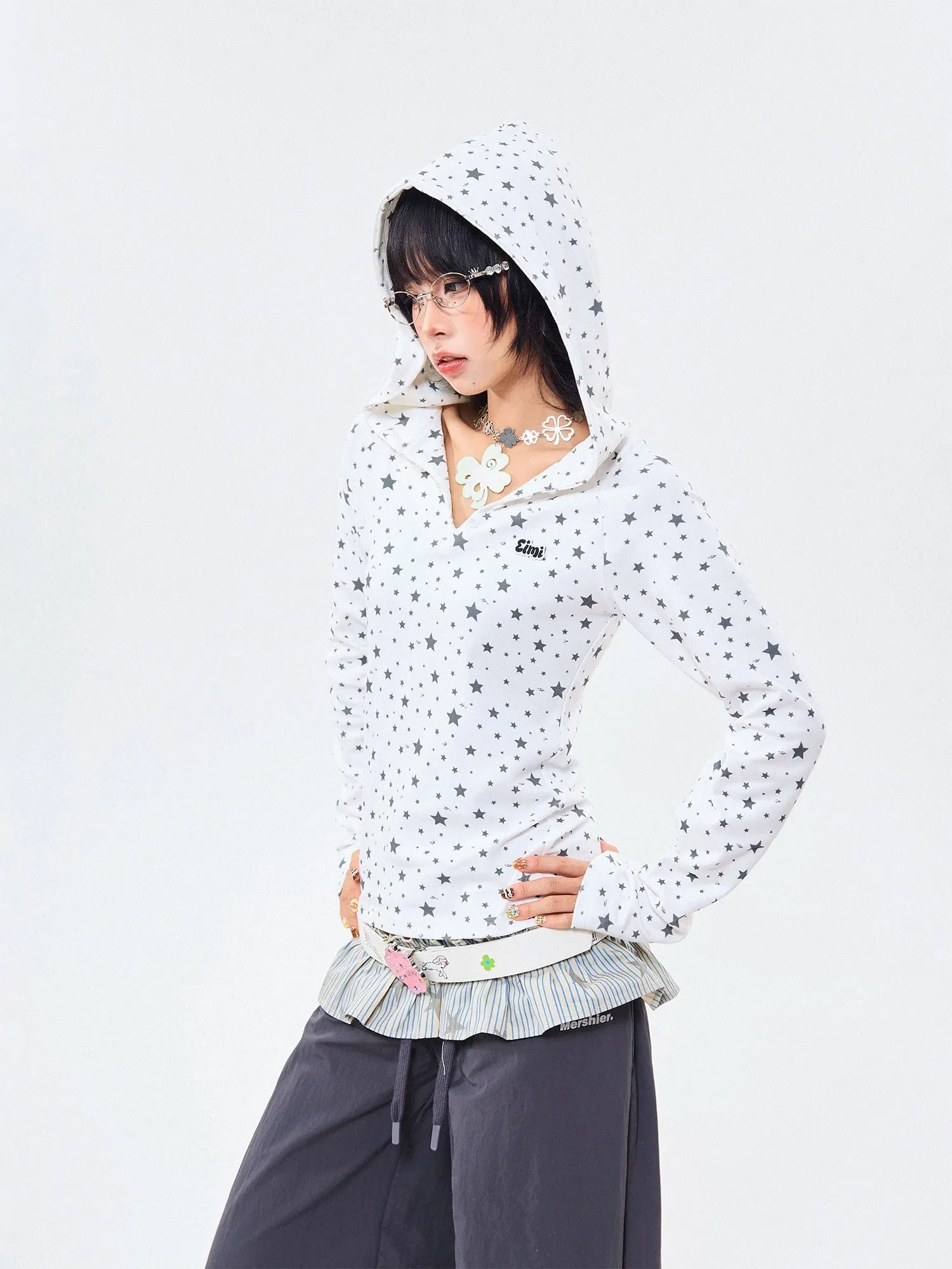 Star Wing Print Hooded Long Sleeve Fitted Top OL2272