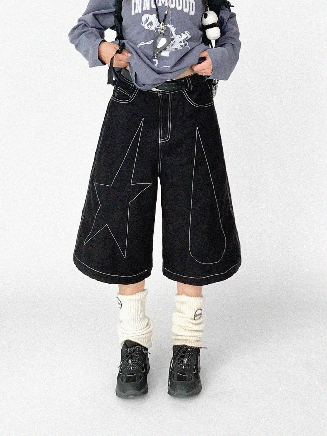 Tears Star Contrast Wide Shorts OL2363