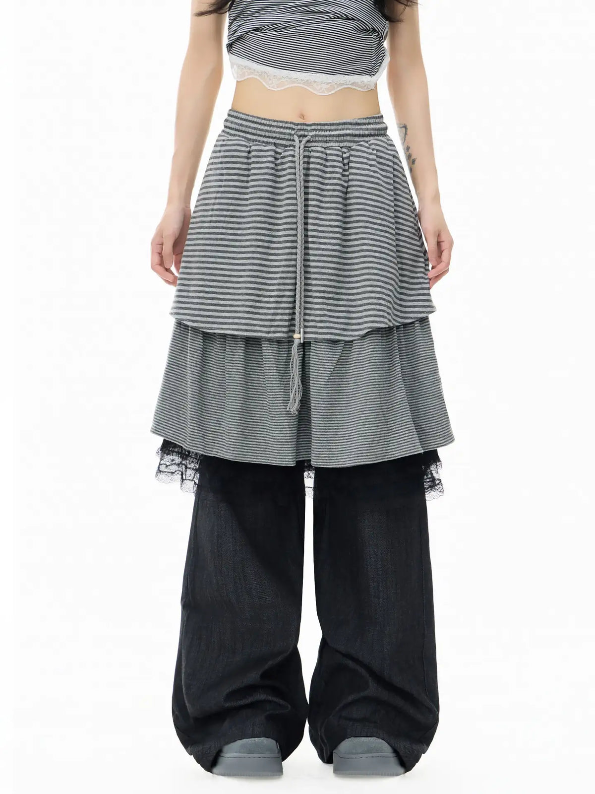 Striped Lace Layered Wide Leg Pants oliviroa オリヴィオラ