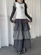 Polka Dot Plaid Tiered Maxi Skirt OL2438