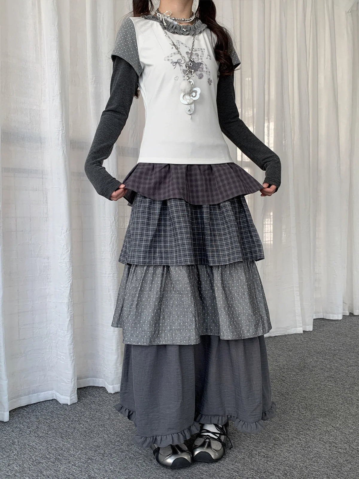 Polka Dot Plaid Tiered Maxi Skirt OL2438