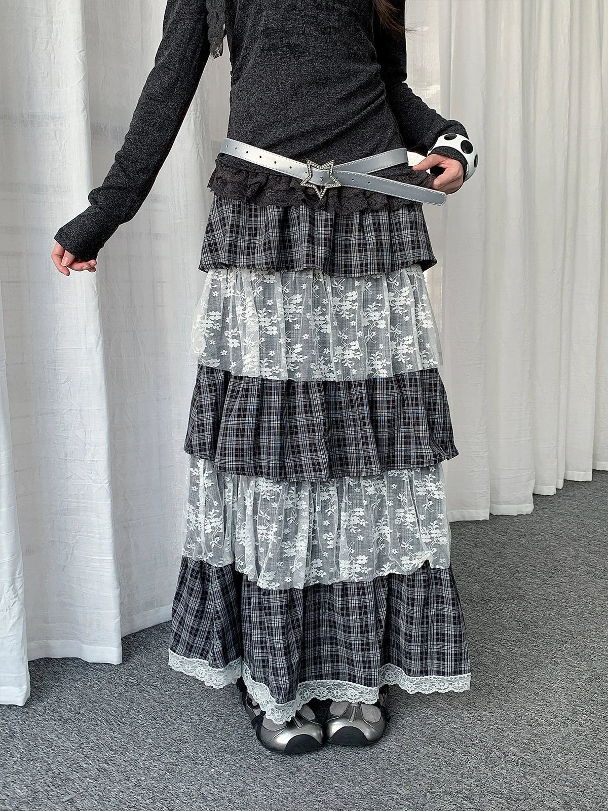 Plaid Lace Tiered Midi Skirt  oliviroa オリヴィオラ
