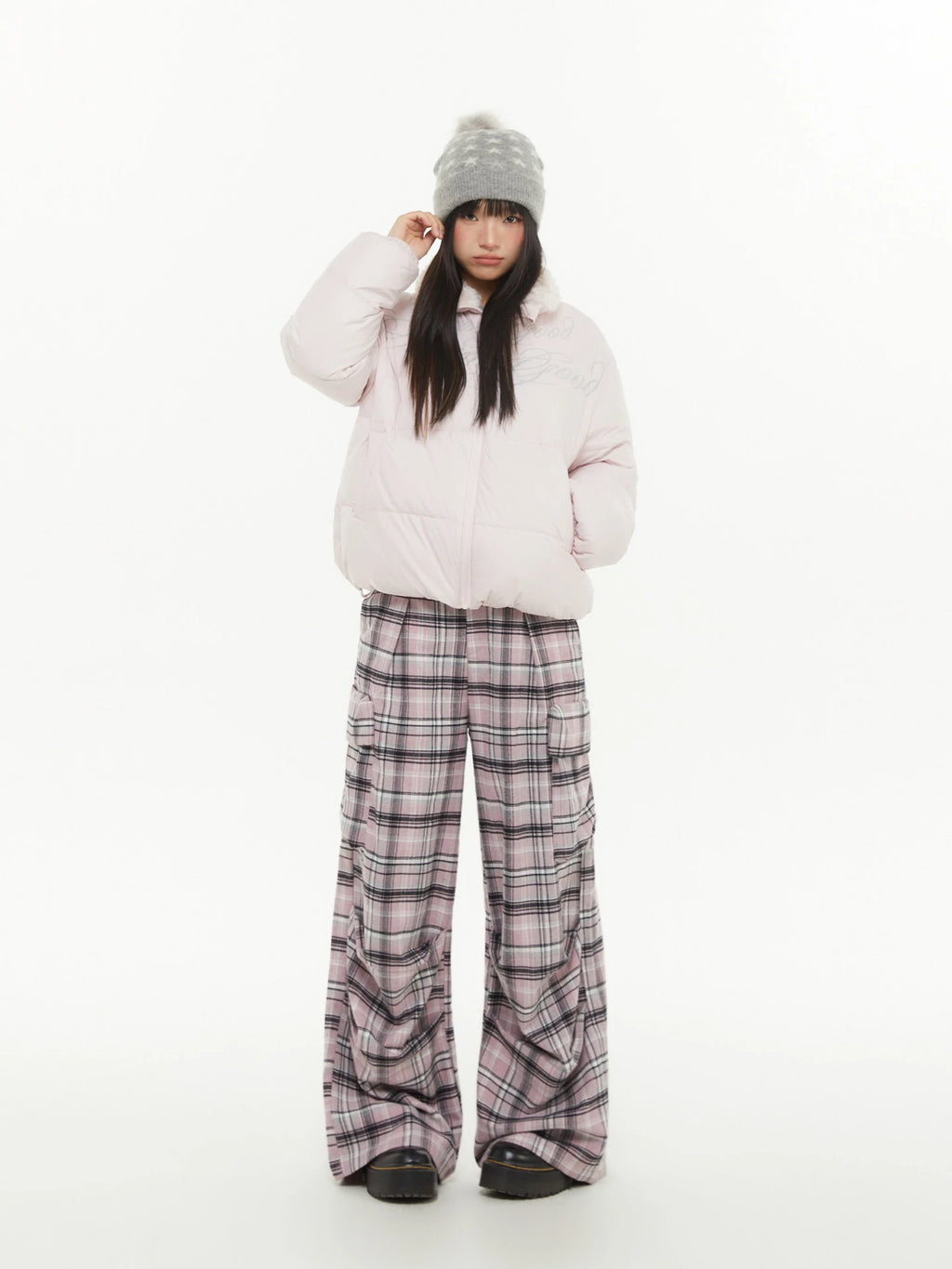 Pink Plaid Wide-Leg Cargo Pants OL2294
