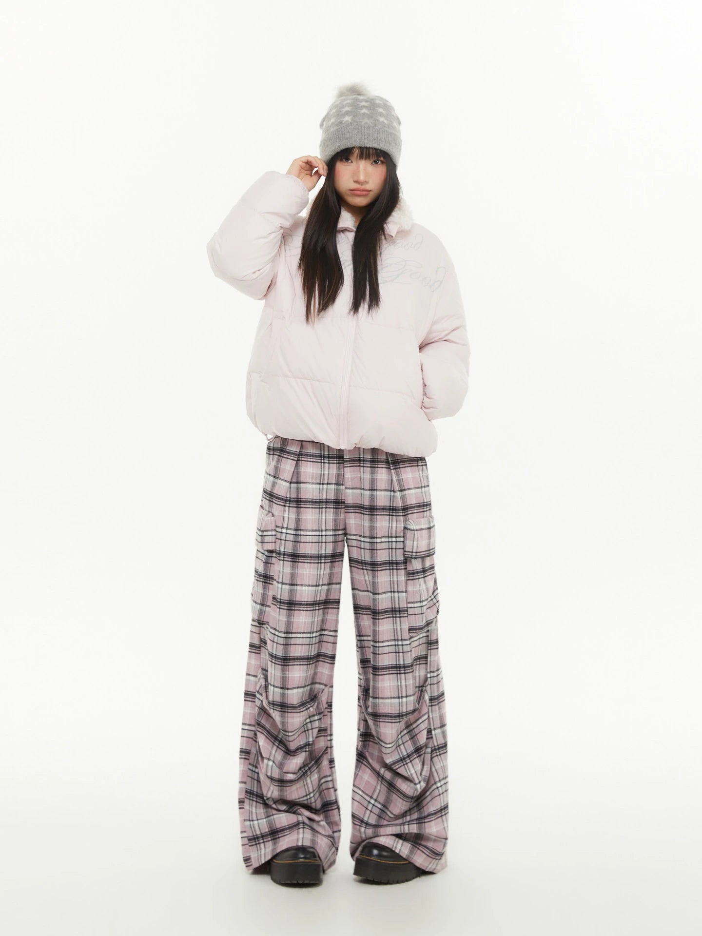 Pink Plaid Wide-Leg Cargo Pants OL2294