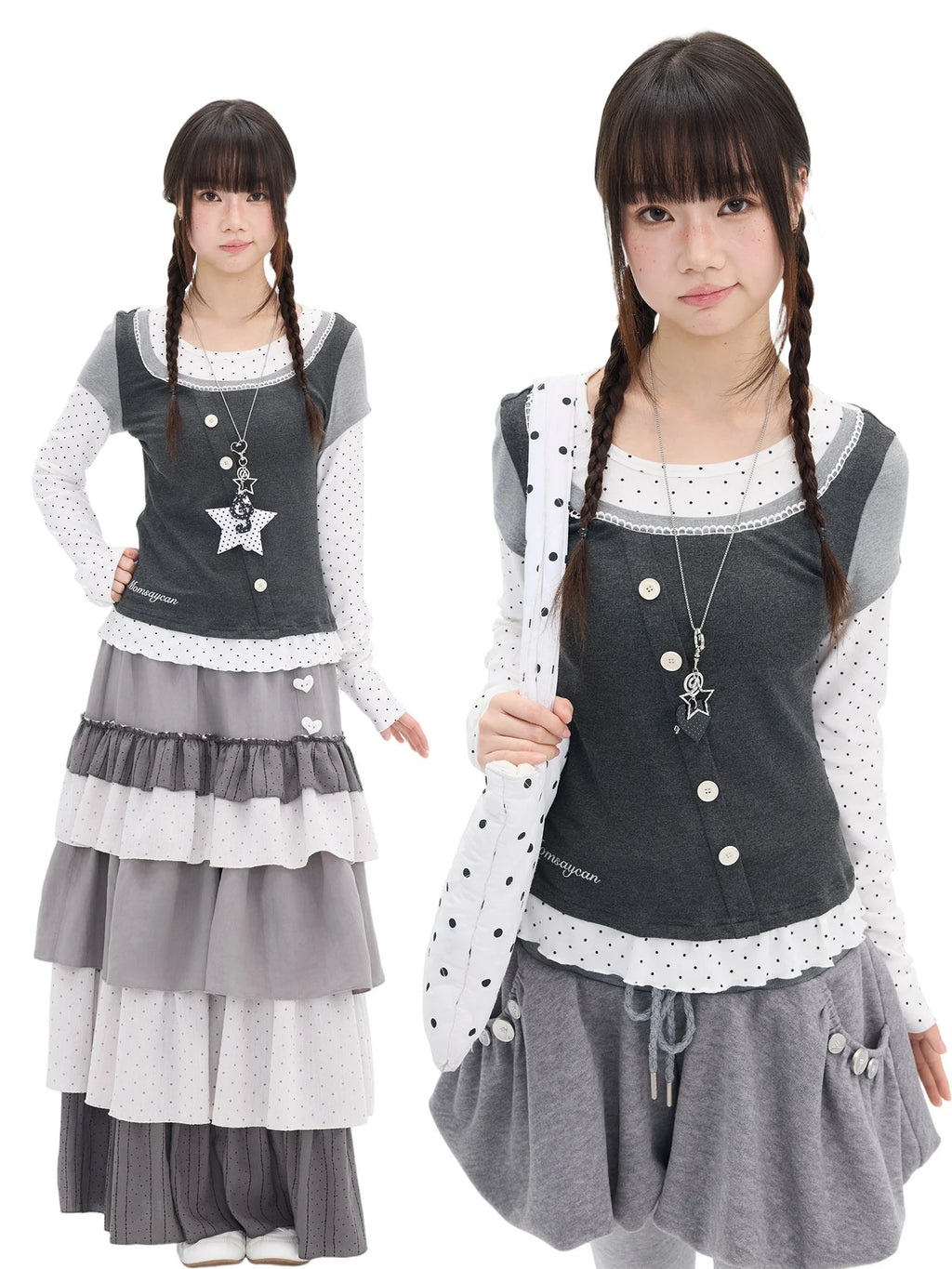 Polka Dot Lace Layered Fitted Long Sleeve Tee oliviroa オリヴィオラ