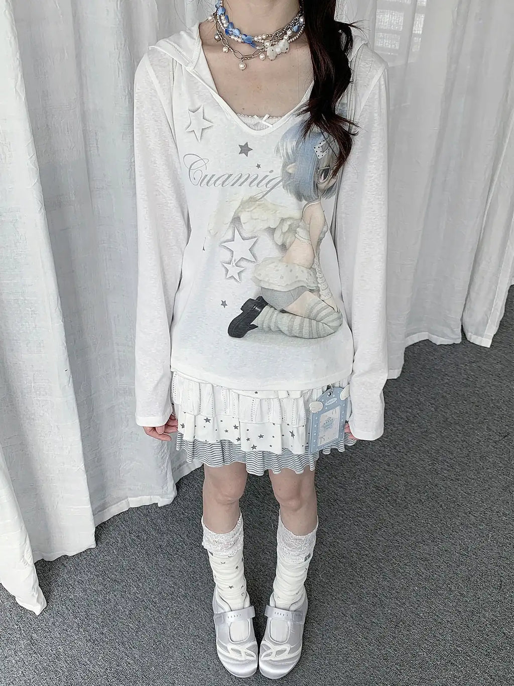 Semi Sheer Cartoon Hooded Long Sleeve Tee oliviroa オリヴィオラ