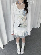 Semi Sheer Cartoon Hooded Long Sleeve Tee oliviroa オリヴィオラ