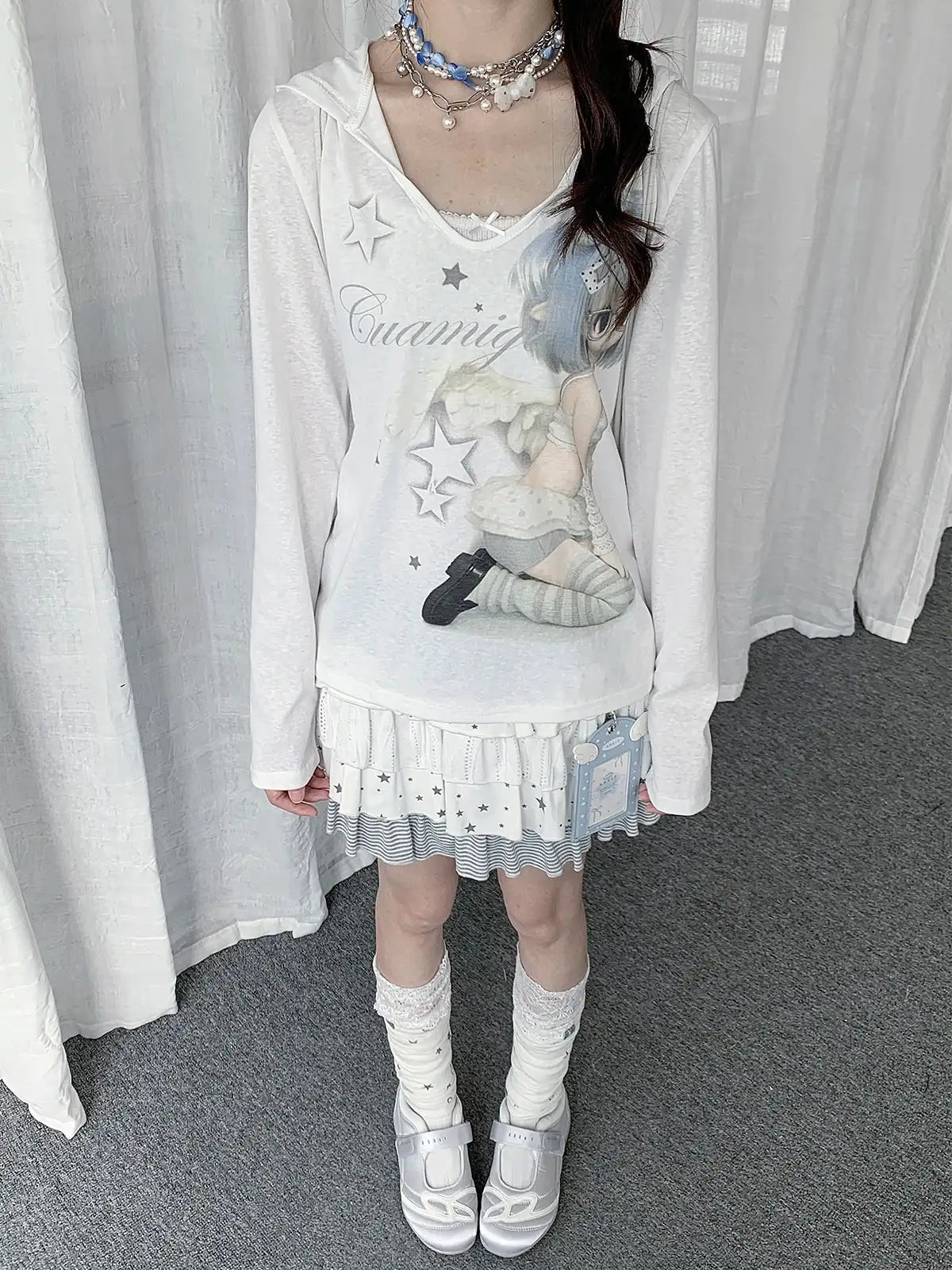 Semi Sheer Cartoon Hooded Long Sleeve Tee oliviroa オリヴィオラ