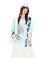Polka Dot Lace V Neck T Shirt oliviroa オリヴィオラ