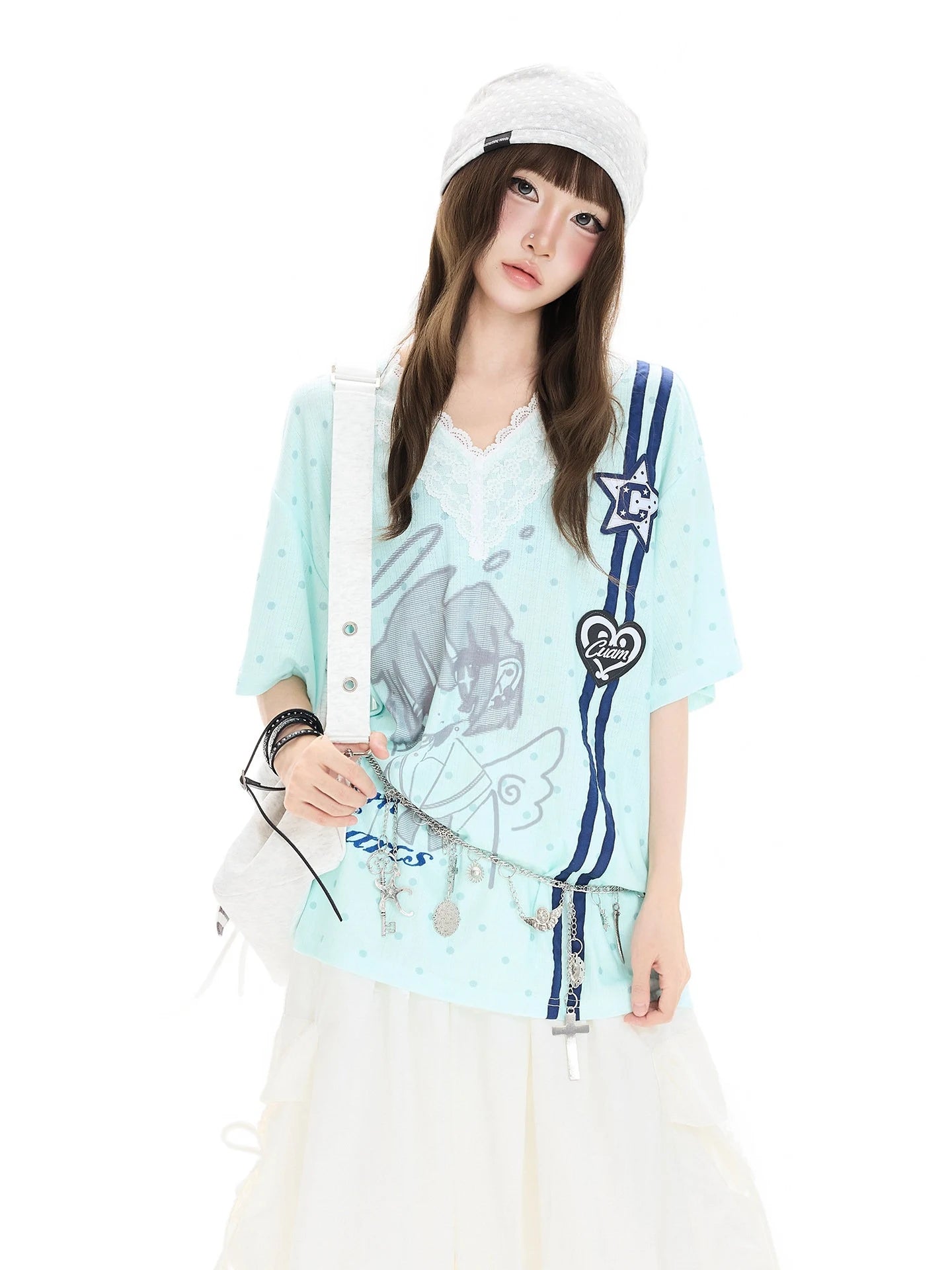 Polka Dot Lace V Neck T Shirt oliviroa オリヴィオラ