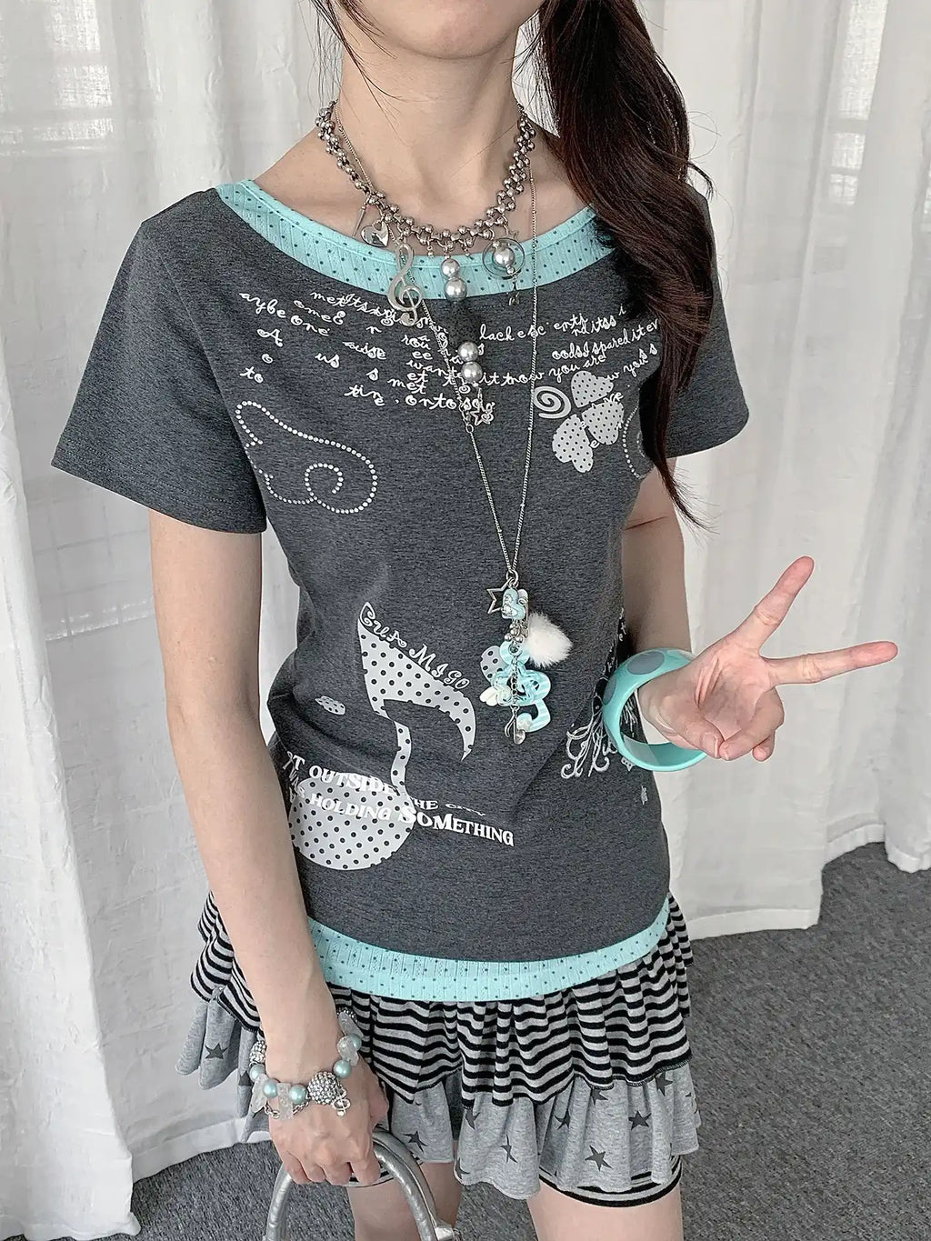 Y2K Polka Dot Rhinestone Layered T-Shirt OL2285
