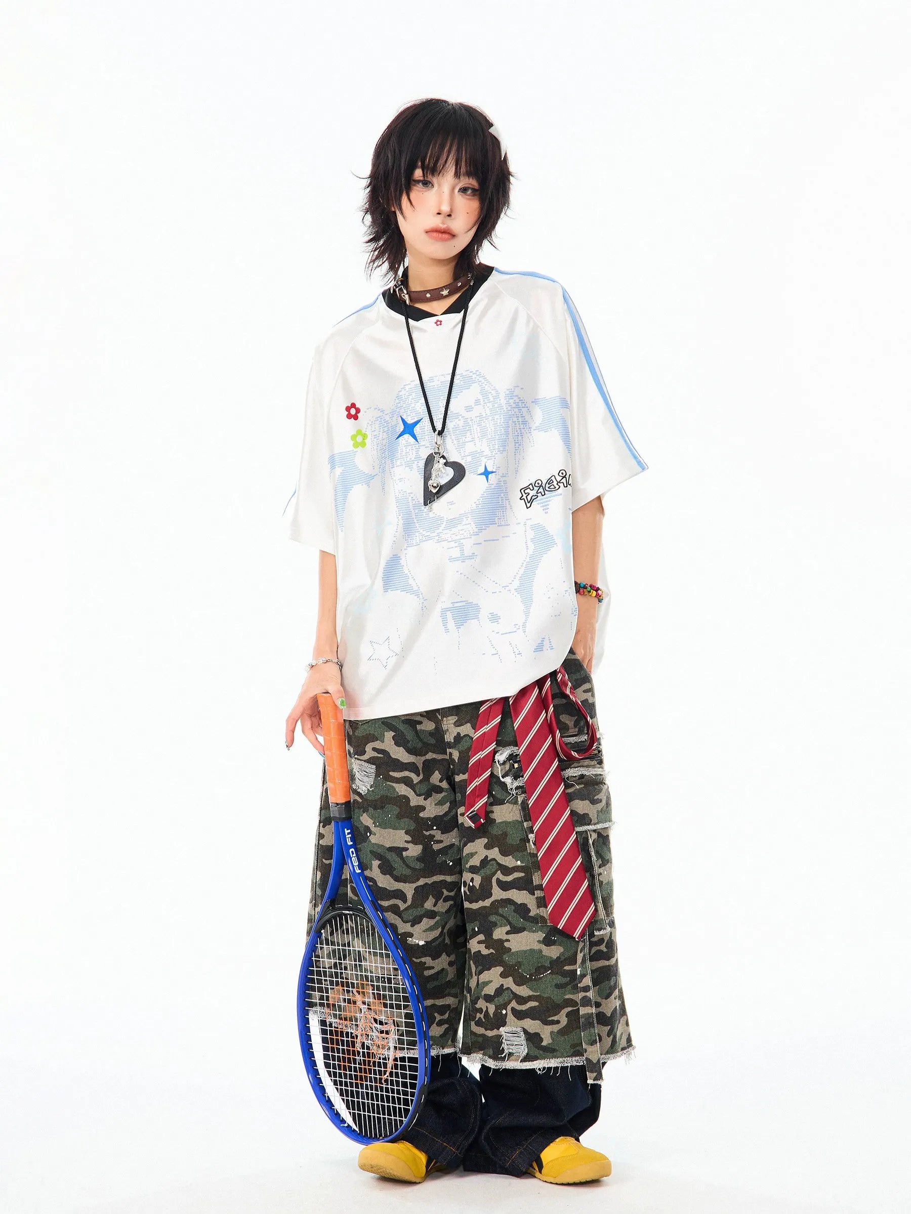 Vintage Cartoon Jersey V-Neck Oversized Short Sleeve Tee OL2273
