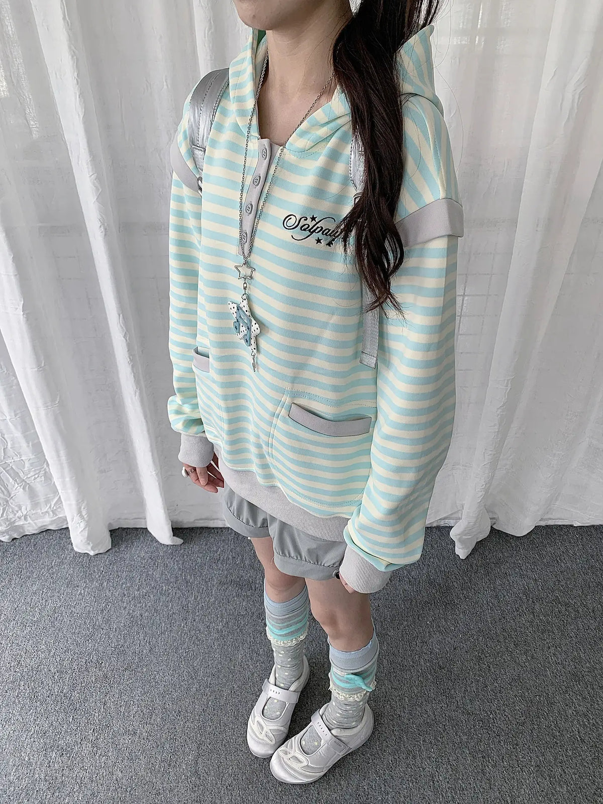 Striped Layered Half Zip Hoodie OL2434