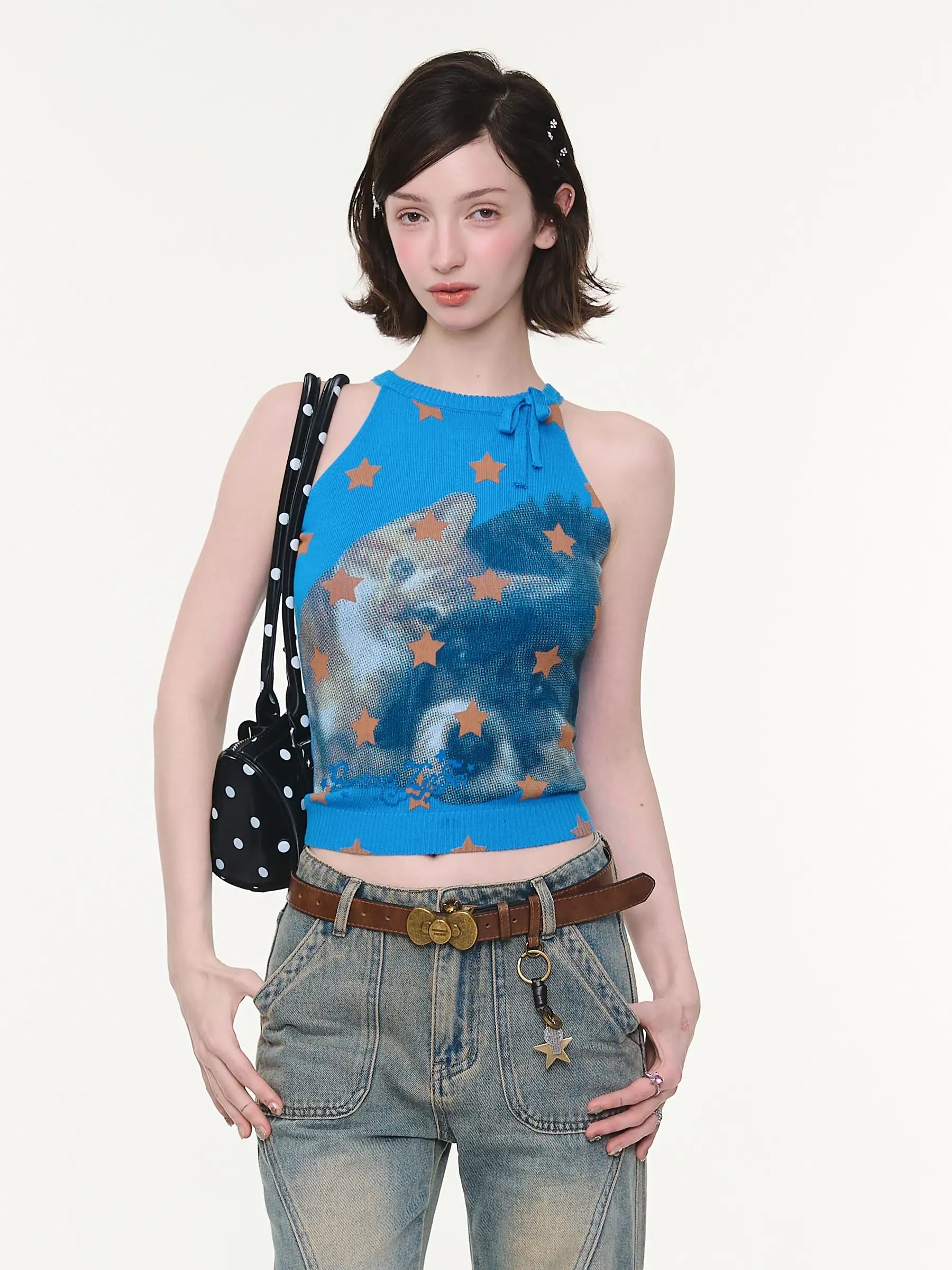 Bow Star Cat Graphic Slim Fit Tank Top oliviroa オリヴィオラ