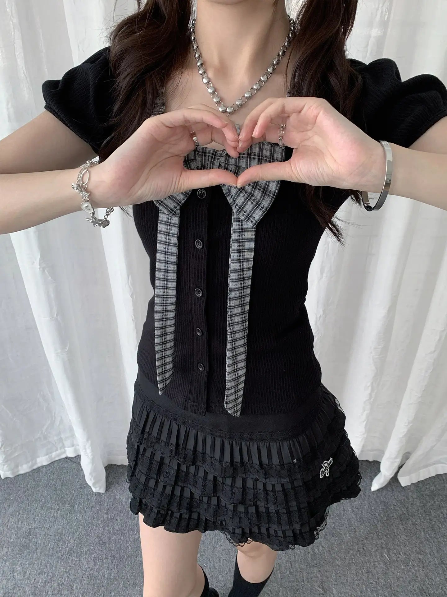 Plaid Bow Puff Sleeve Tee Y2K OL2329