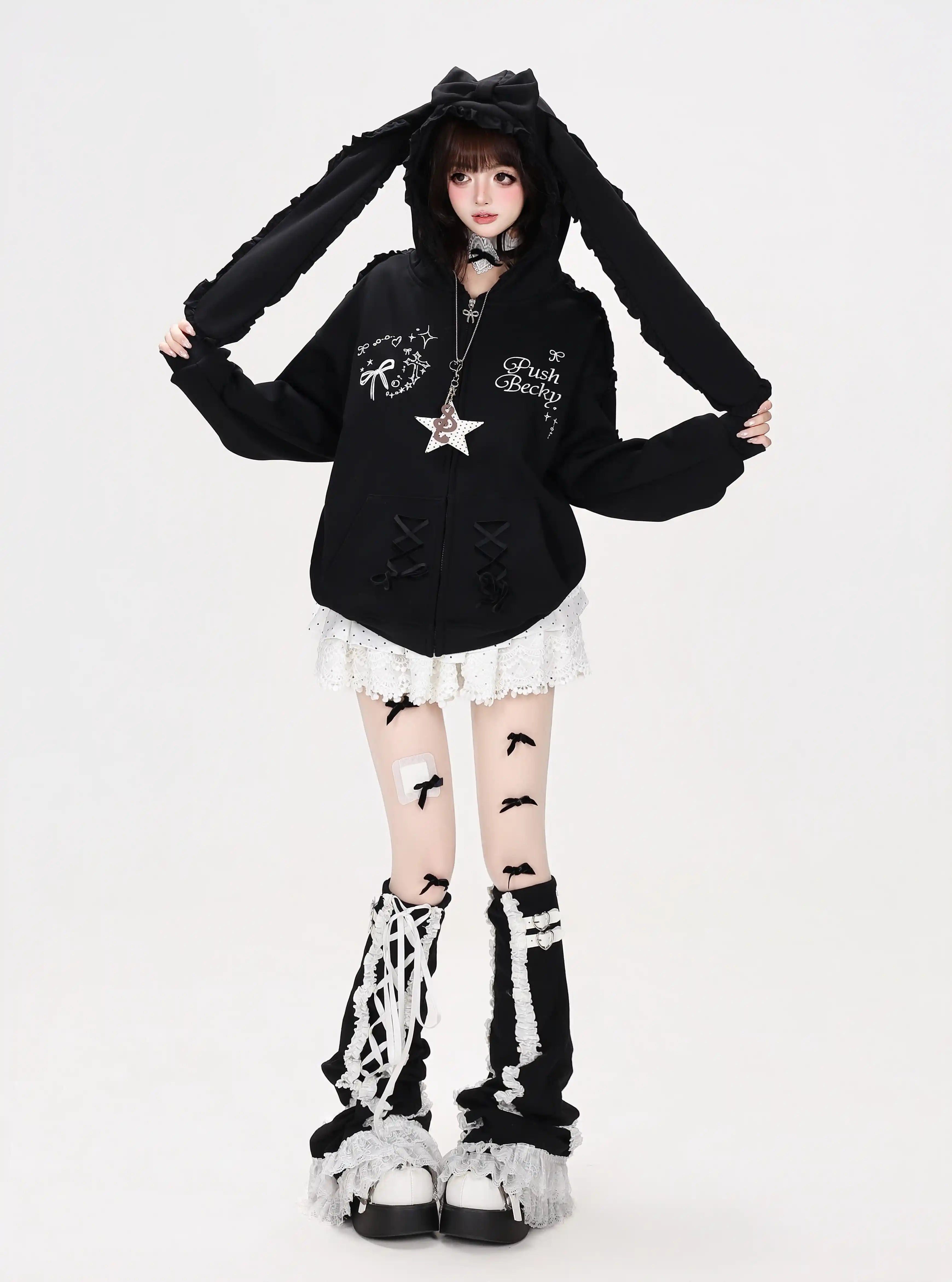 Lace Bunny Ear Bow Hooded Jacket OL2396