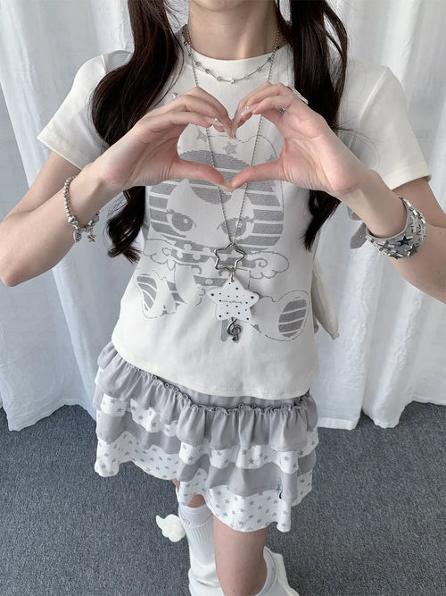 Cat Graphic Slim Fit Tee Y2K oliviroa オリヴィオラ