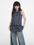 Blue Plaid Sleeveless Shirt oliviroa オリヴィオラ