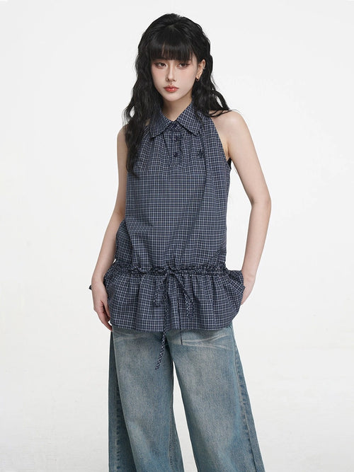 Blue Plaid Sleeveless Shirt oliviroa オリヴィオラ