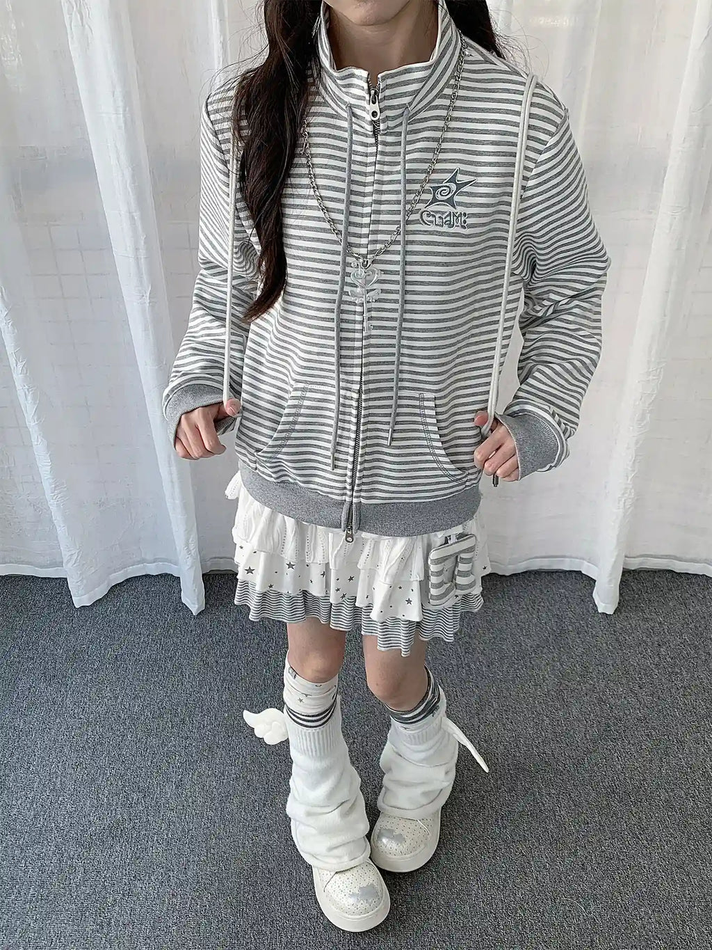 Y2K Striped Double Zip Stand Collar Hoodie   oliviroa オリヴィオラ