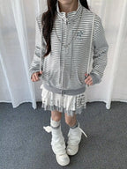 Y2K Striped Double Zip Stand Collar Hoodie   oliviroa オリヴィオラ