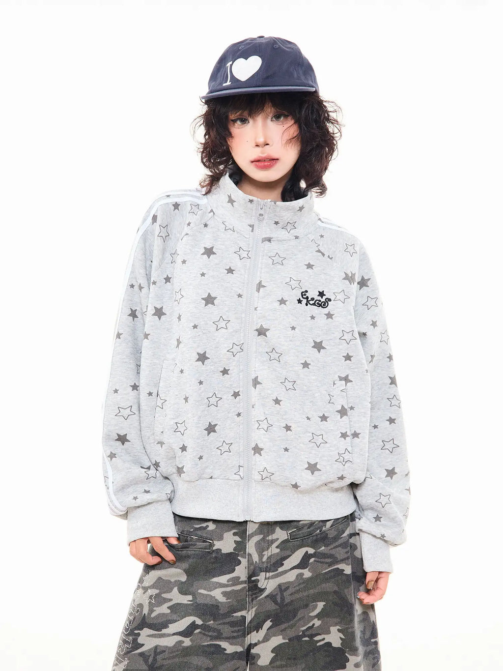 Star Print Oversized Stand Collar Zip Hoodie Cardigan oliviroa オリヴィオラ
