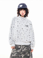Star Print Oversized Stand Collar Zip Hoodie Cardigan oliviroa オリヴィオラ