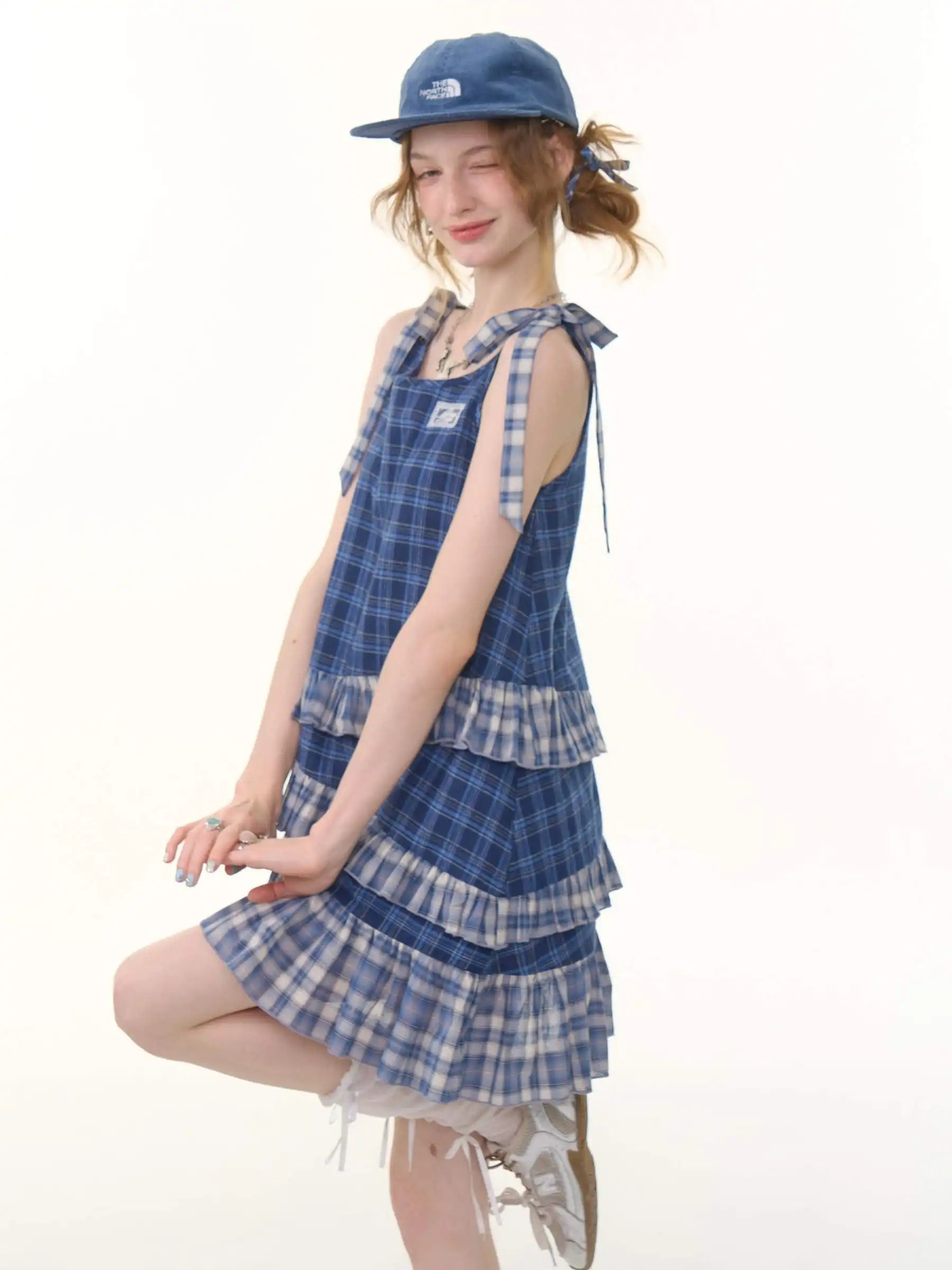 Asymmetrical Hem Blue Plaid Cami Dress OL2262