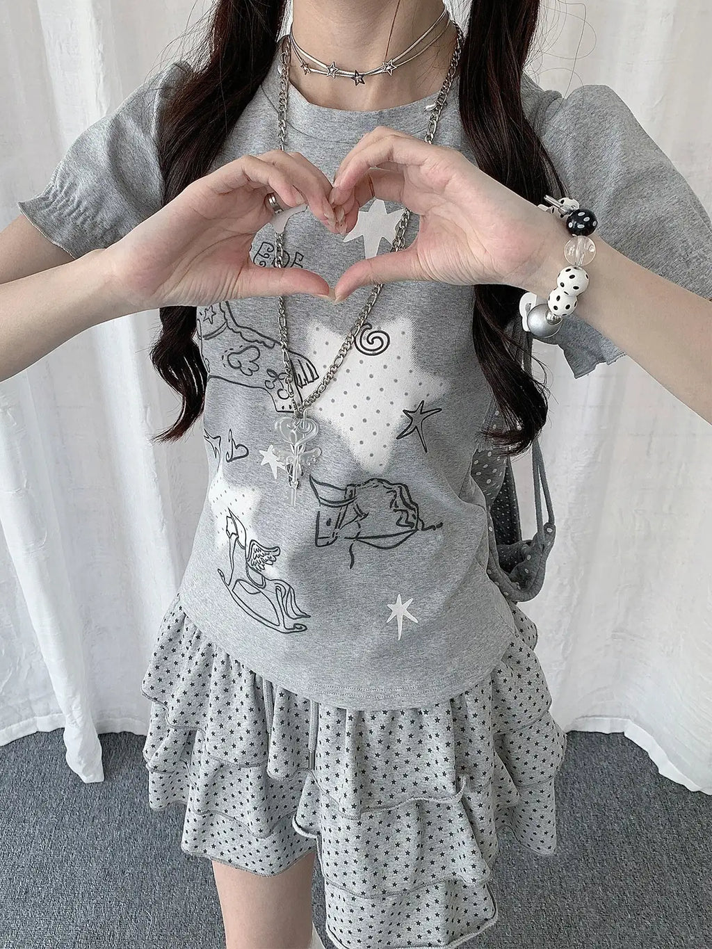 Horse Print Puff Sleeve Slim Fit Tee Y2K oliviroa オリヴィオラ