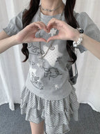 Horse Print Puff Sleeve Slim Fit Tee Y2K oliviroa オリヴィオラ
