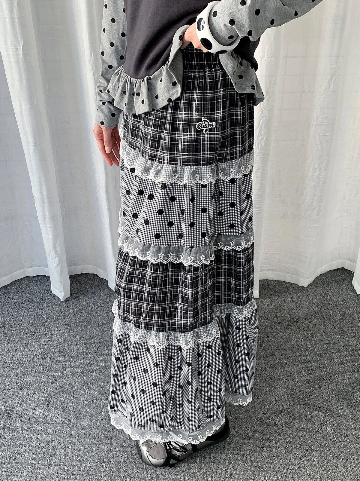 Lace Trim Polka Dot Tiered Midi Skirt OL2439