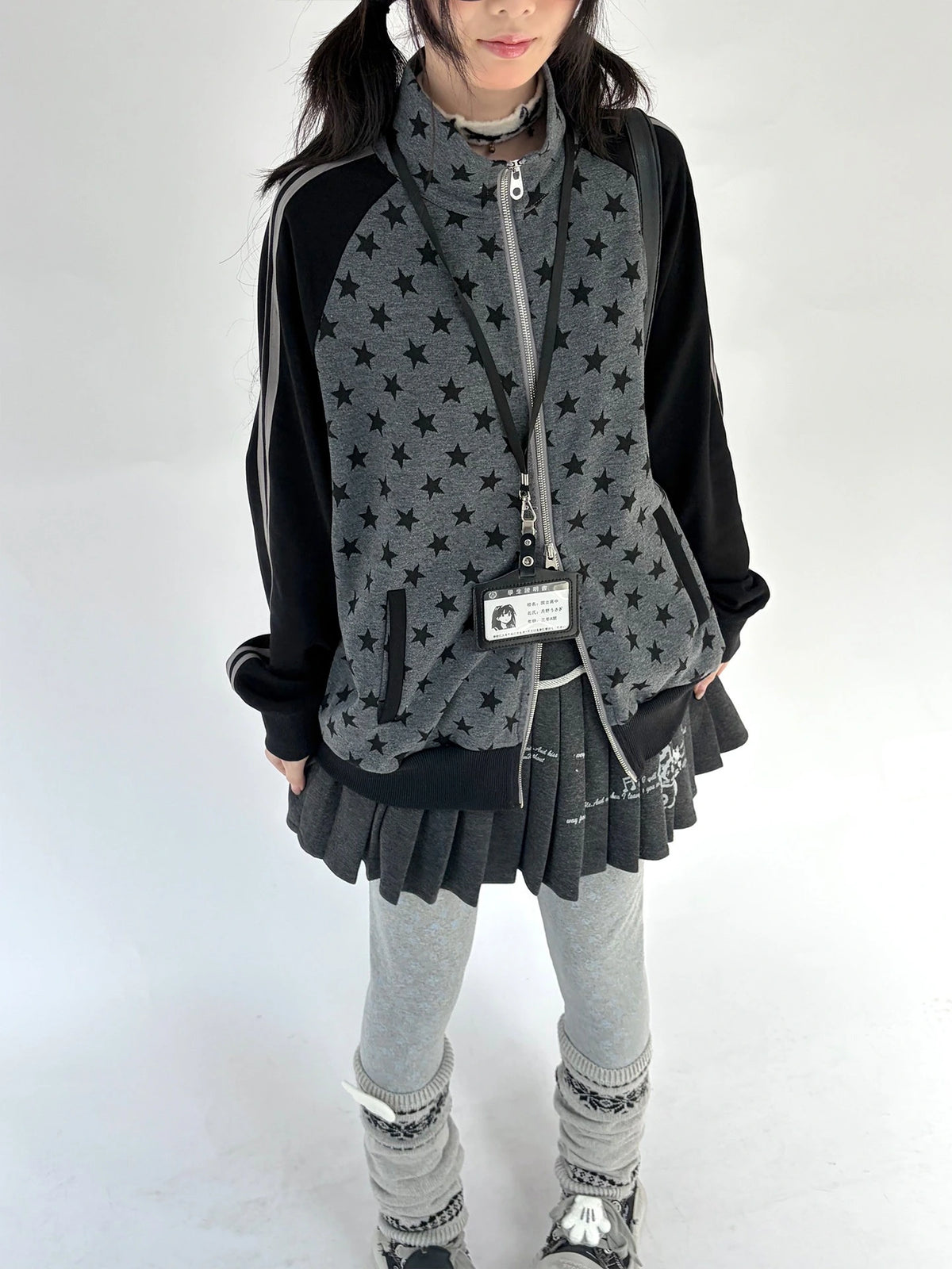 Star Print Stand Collar Double Zip Jacket OL2482