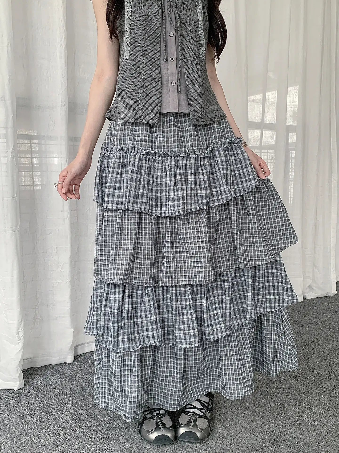 Layered Check Cake Skirt Dress  OL2274