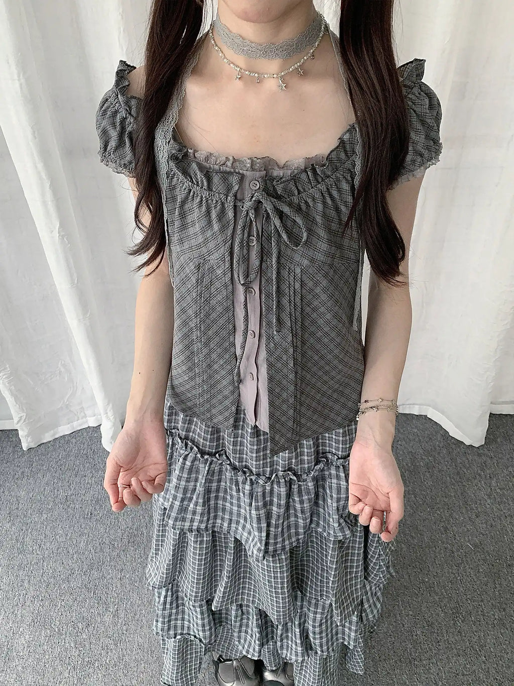 Plaid Lace Layered T-Shirt oliviroa オリヴィオラ
