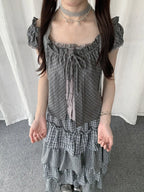 Plaid Lace Layered T-Shirt oliviroa オリヴィオラ