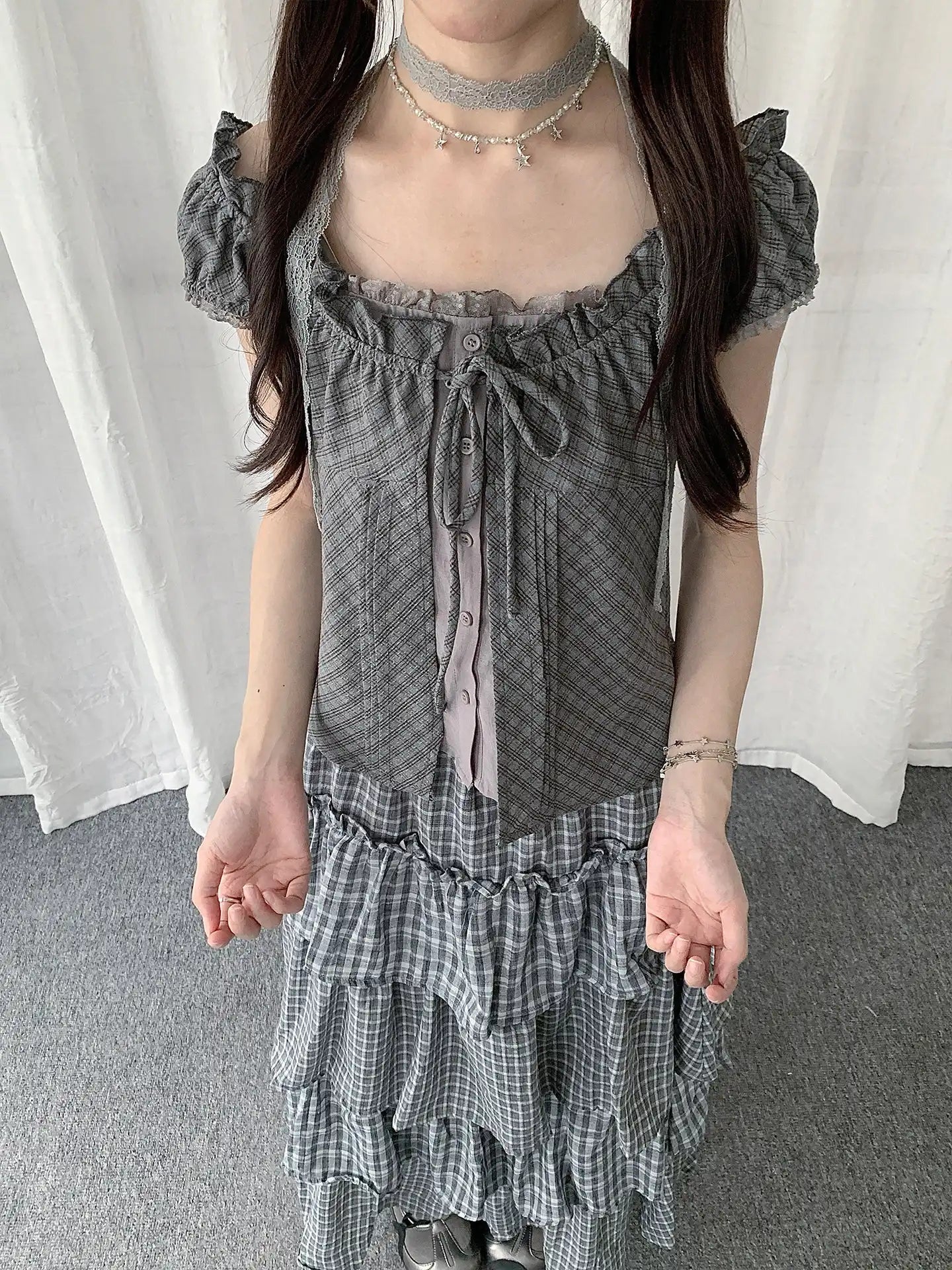 Plaid Lace Layered T-Shirt oliviroa オリヴィオラ