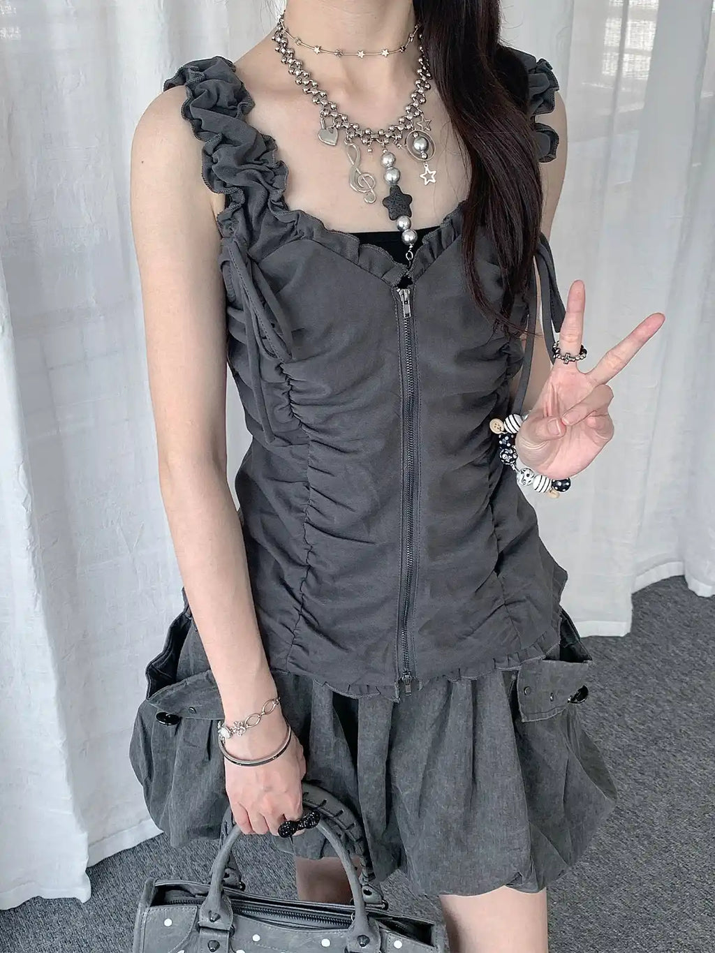 Ruffled Tie Double Zipper Vest oliviroa オリヴィオラ