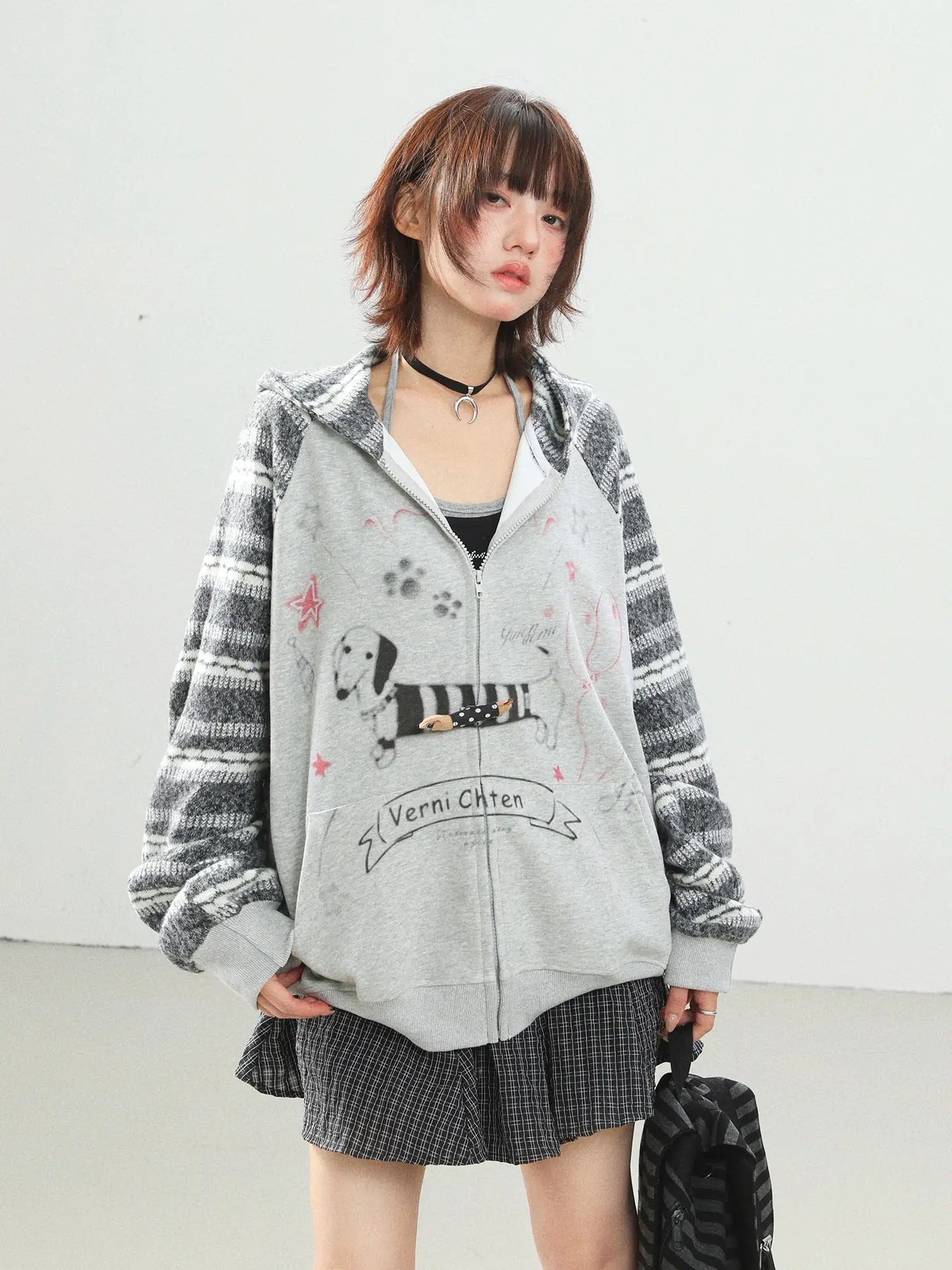 Vintage Dachshund Print Bunny Ear Hoodie Cardigan   oliviroa オリヴィオラ