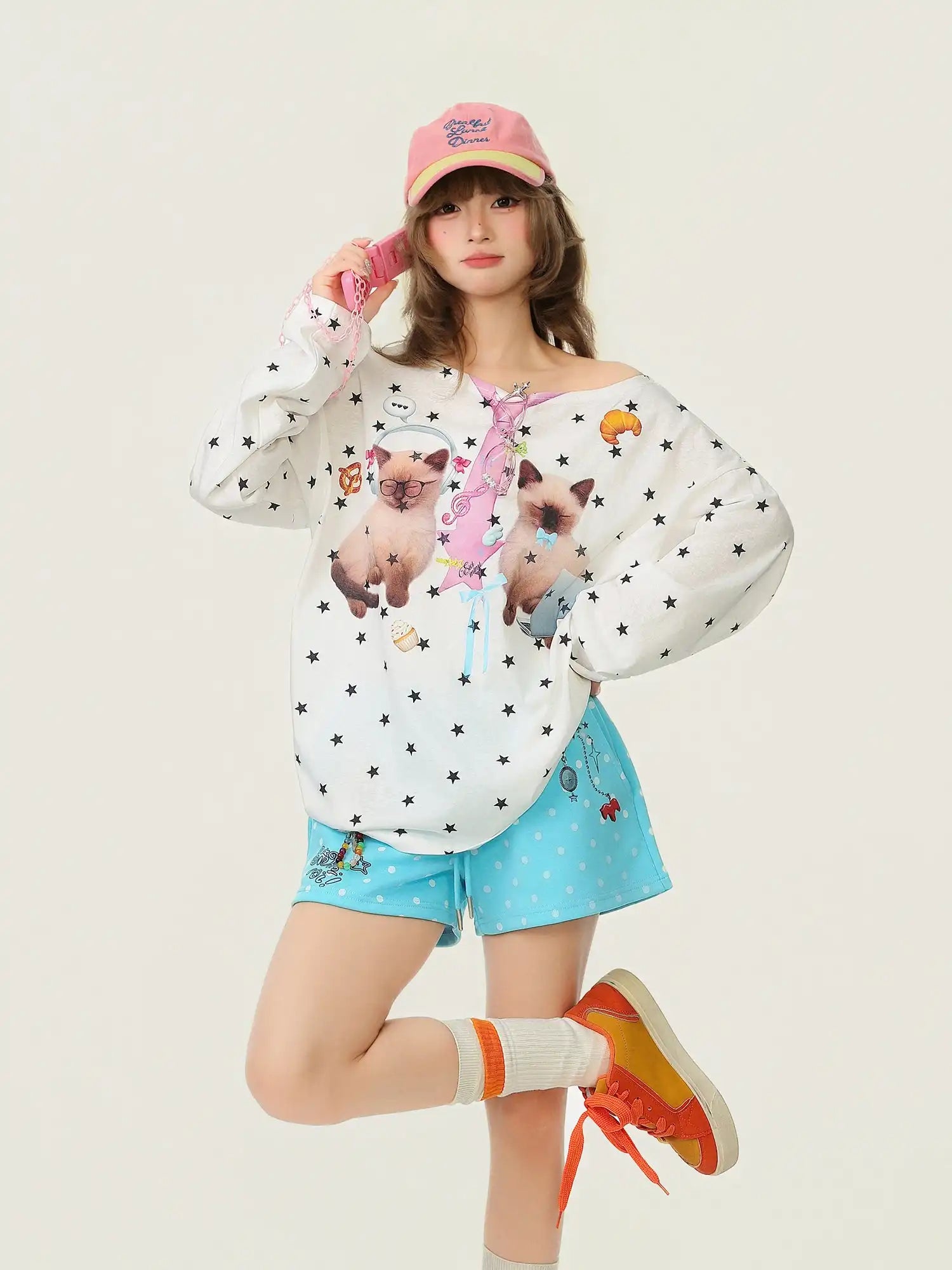 Cat Star Print Off Shoulder Long Sleeve Top OL2345