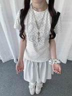 White Polka Dot Heart Note Slim Fit Tee oliviroa オリヴィオラ